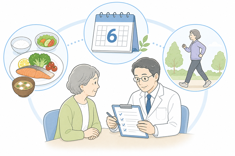 6か月の継続、食事、運動、医師による確認を表す医療イラスト